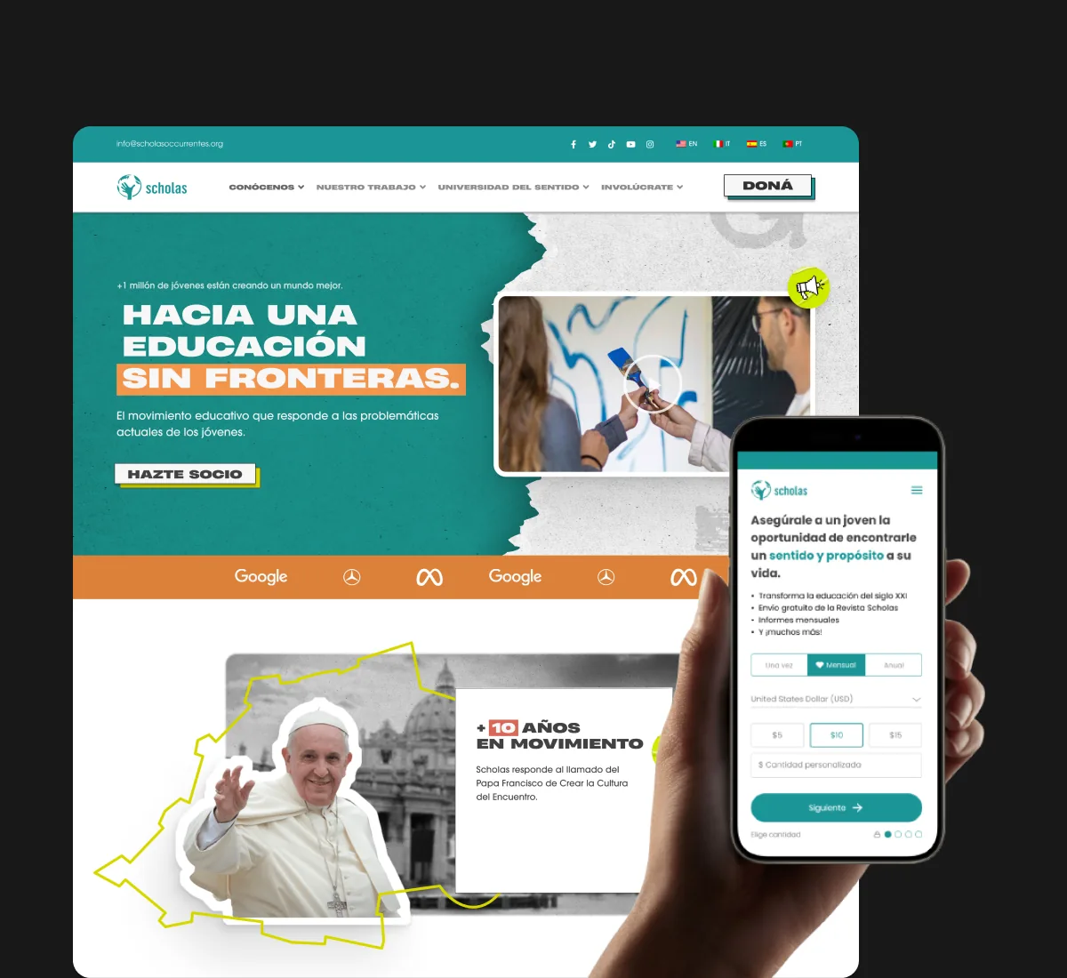 Diseño de alta fidelidad de la home de Scholas y del flujo de donaciones en mobile